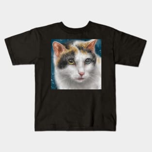 Painting of a Japanese Bobtail Cat with Gorgeous Blue and Green Eyes Kids T-Shirt